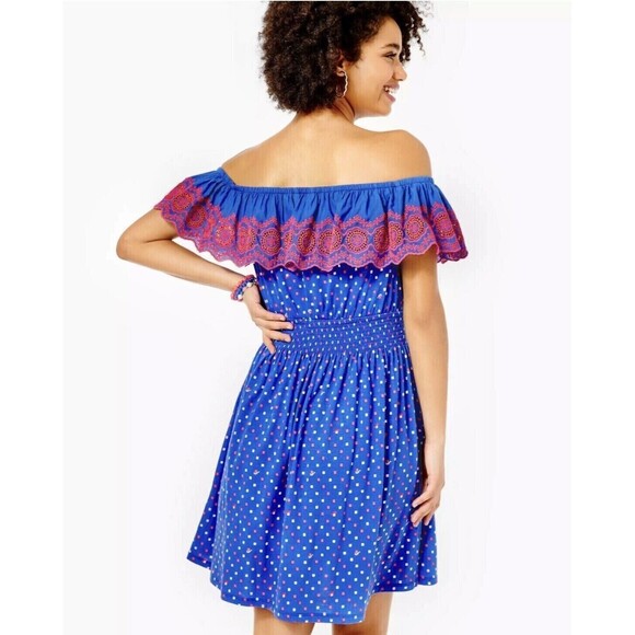 270296 Lilly Pulitzer Kalama Off-The-Shoulder Smocked Mini Dress Embroidered L - Picture 4 of 9